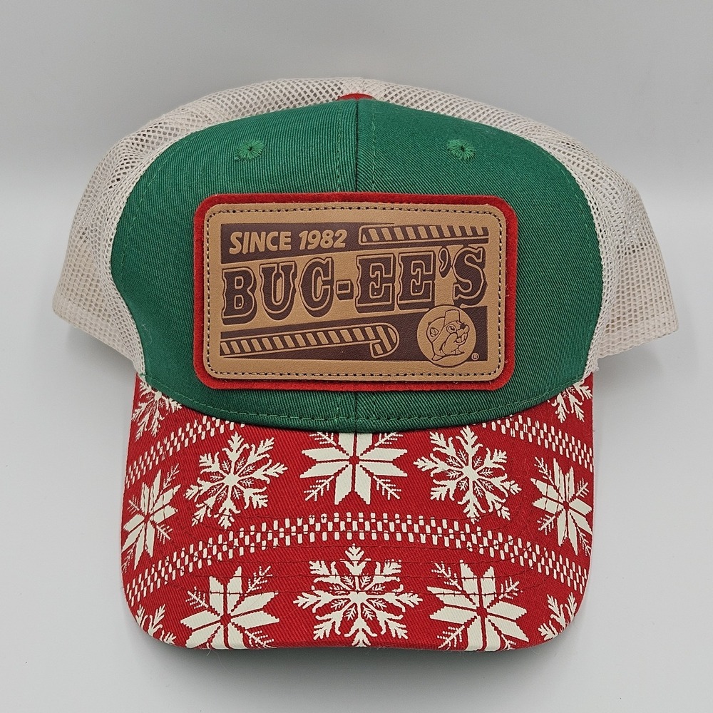 Buc-ee's Christmas Trucker Hat Snowflake Holiday Mesh‎ Snapback Cap Green Red